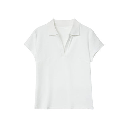Polo Collar Straight Shoulder Short Sleeve T-Shirt for Women