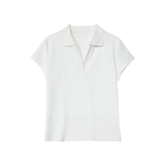 Polo Collar Straight Shoulder Short Sleeve T-Shirt for Women