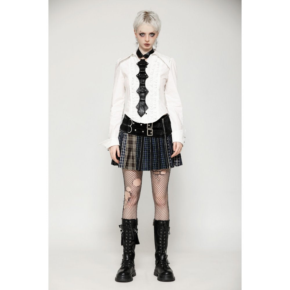 Mini-jupe plissée Dark in Love en patchwork tartan sauge et taille en cuir