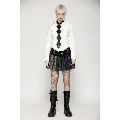 Mini-jupe plissée Dark in Love en patchwork tartan sauge et taille en cuir
