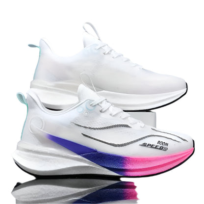 Chaussures de course unisexe en fibre de carbone FAYWELLME – Baskets légères, absorbant les chocs, avec tige respirante et semelle en TPU – Chaussures de sport toutes saisons blanches et orange
