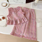 Fashionable Breathable Plaid Sleeveless Top And Shorts Set For Girls
