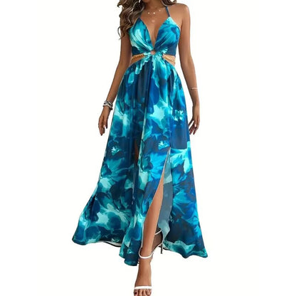 Floral Print Backless Side-Slit Dress