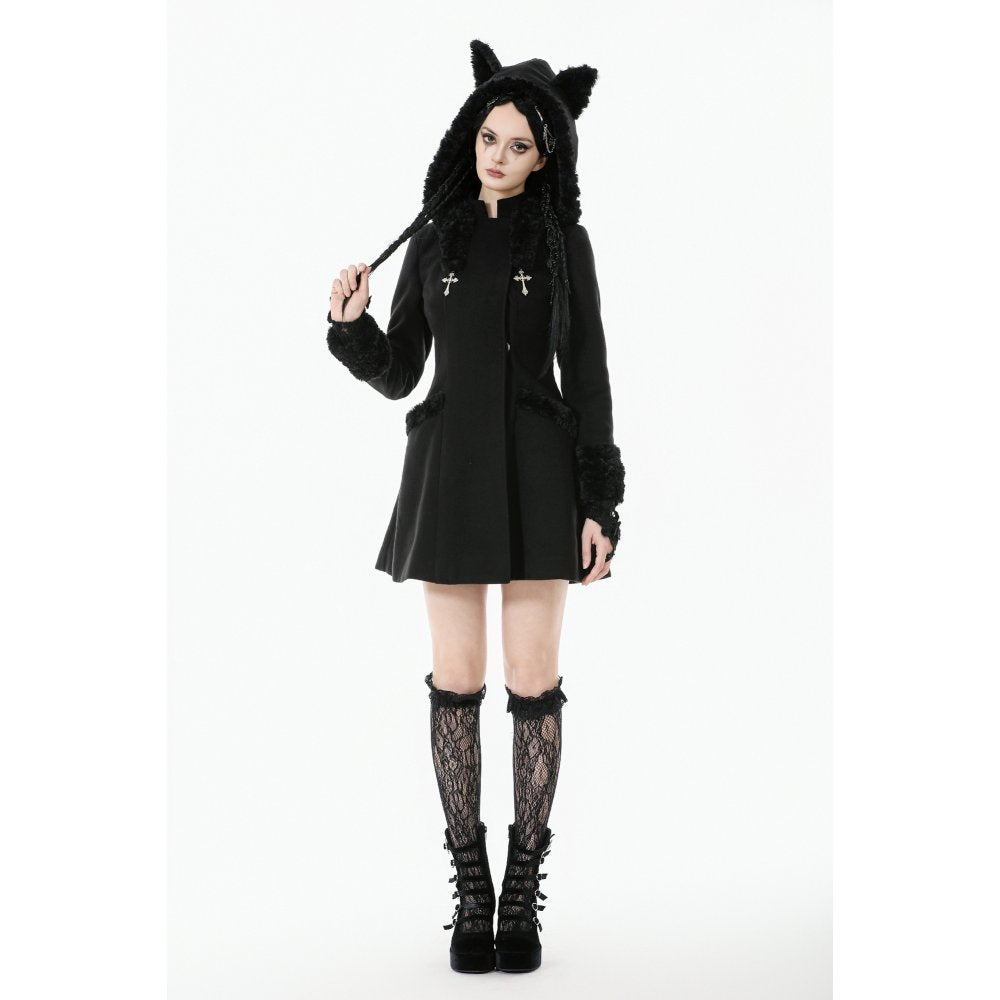 Manteau gothique Dark in Love avec oreilles de chat en fausse fourrure