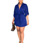 Casual Solid Drawstring Waist V Neck Rollable Sleeve Dress, Women's Clothing