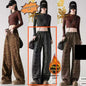 Womens Fleece-Lined Thickened Warm Leopard-Print Drawstring Wide-Leg Pants