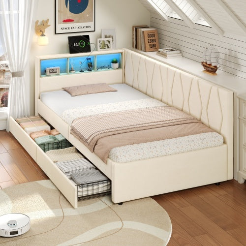 3ft Single Daybed With Two Storage Drawers, LED Modern Bed Frame With Charging Station, Linen Sofa Bed For Living Room Bedroom Study Room, 90X190cm, Easy Assembly, Beige