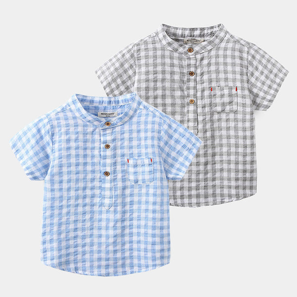Children's Cotton Blue Short-sleeved Shirt Fashion Casual Short-sleeved Plaid Shirt - Stuffs & Savers
