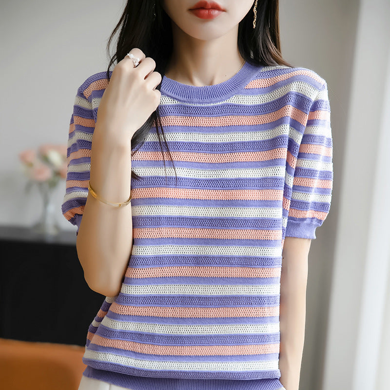 Fashionable Contrasting-Color Ice Silk Striped Knit Sweater