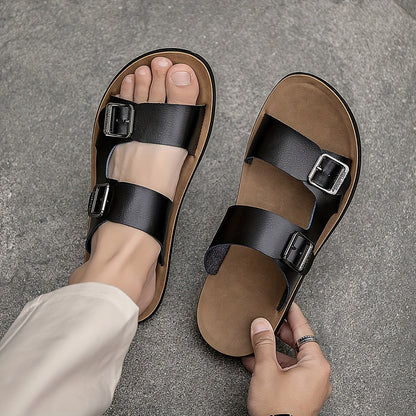 Tongs décontractées pour hommes avec empeigne synthétique, sandales décontractées antidérapantes, sandales à bout ouvert avec boucle