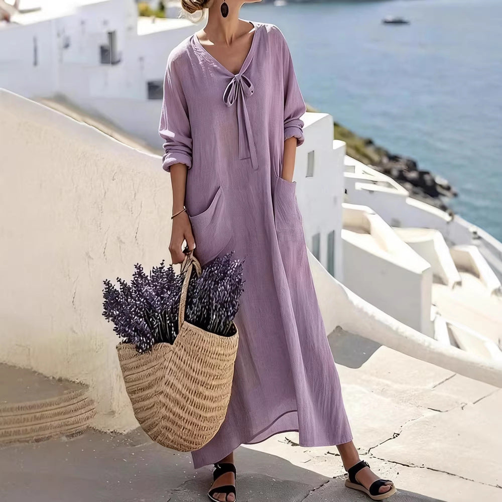 Womens Casual V-Neck Long-Sleeve Loose Cotton-Linen Solid-Color Dress