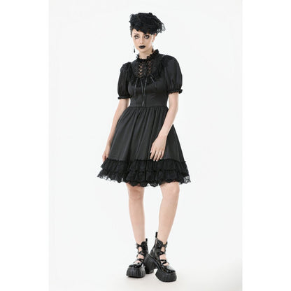 Robe Gothique Noire Dark in Love Belladonna à Manches Bouffantes et Col Montant Lacé