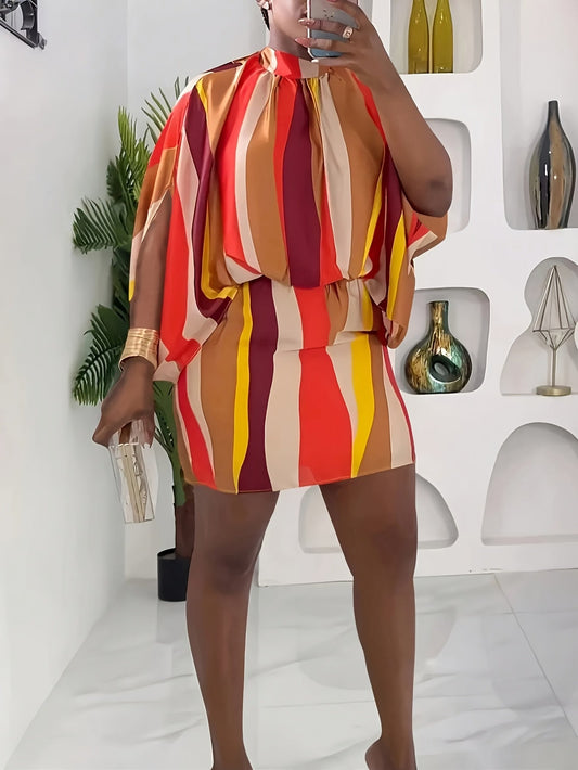 Robe Courte Décontractée Rayée Grande Taille pour Femme avec Détail de Nœud à l'Encolure