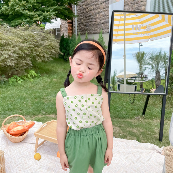 Girl Green Flower Camisole Top And  Shorts Two-piece Suit