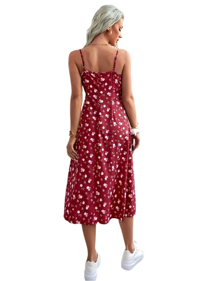 Print Summer Dress for Women - Sleeveless with Side Slit, Polyester, Machine Washable, Adjustable Spaghetti Straps, Spaghetti Suspender Dress