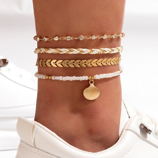 Lot de 4 chaînes de cheville bohèmes en corde tressée pour hommes et femmes, avec perles noires en alliage géométrique et huile goutte à goutte, bijoux de mode d'été