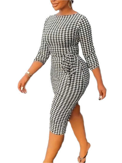 Chic Vintage Houndstooth Bodycon 3/4 Sleeve Dress