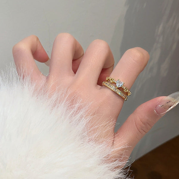 Rhinestone Loving Heart Zircon Ring Female Dual Layer Open-end - Stuffs & Savers