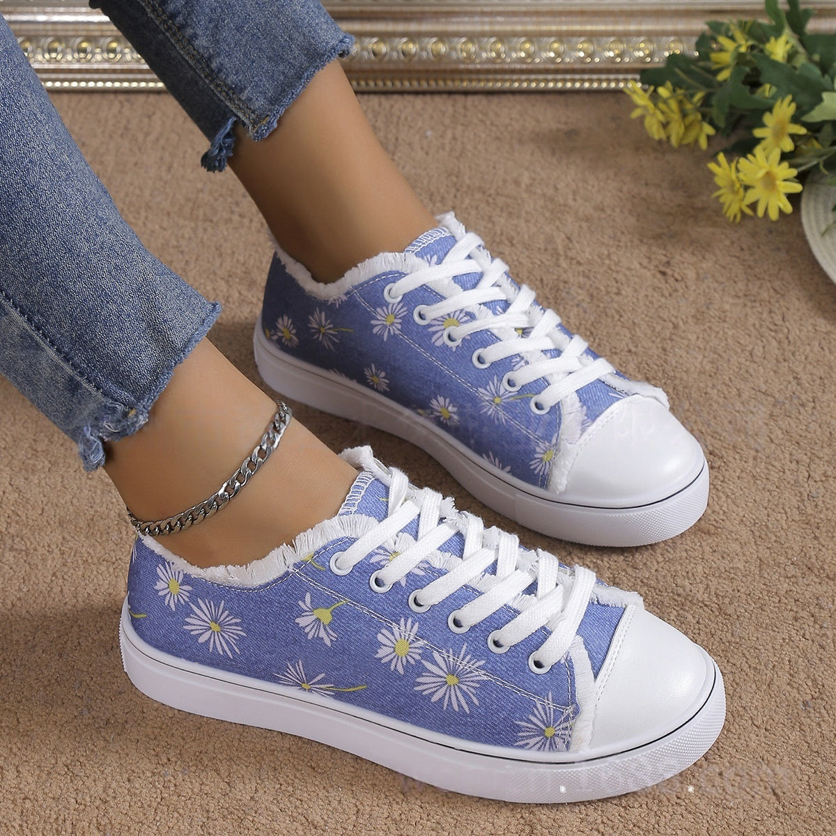 Flower Fuzzy Lace-Up Sports-Style Flat Shoes