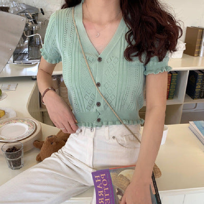 Retro V-neck Short Top Cardigan