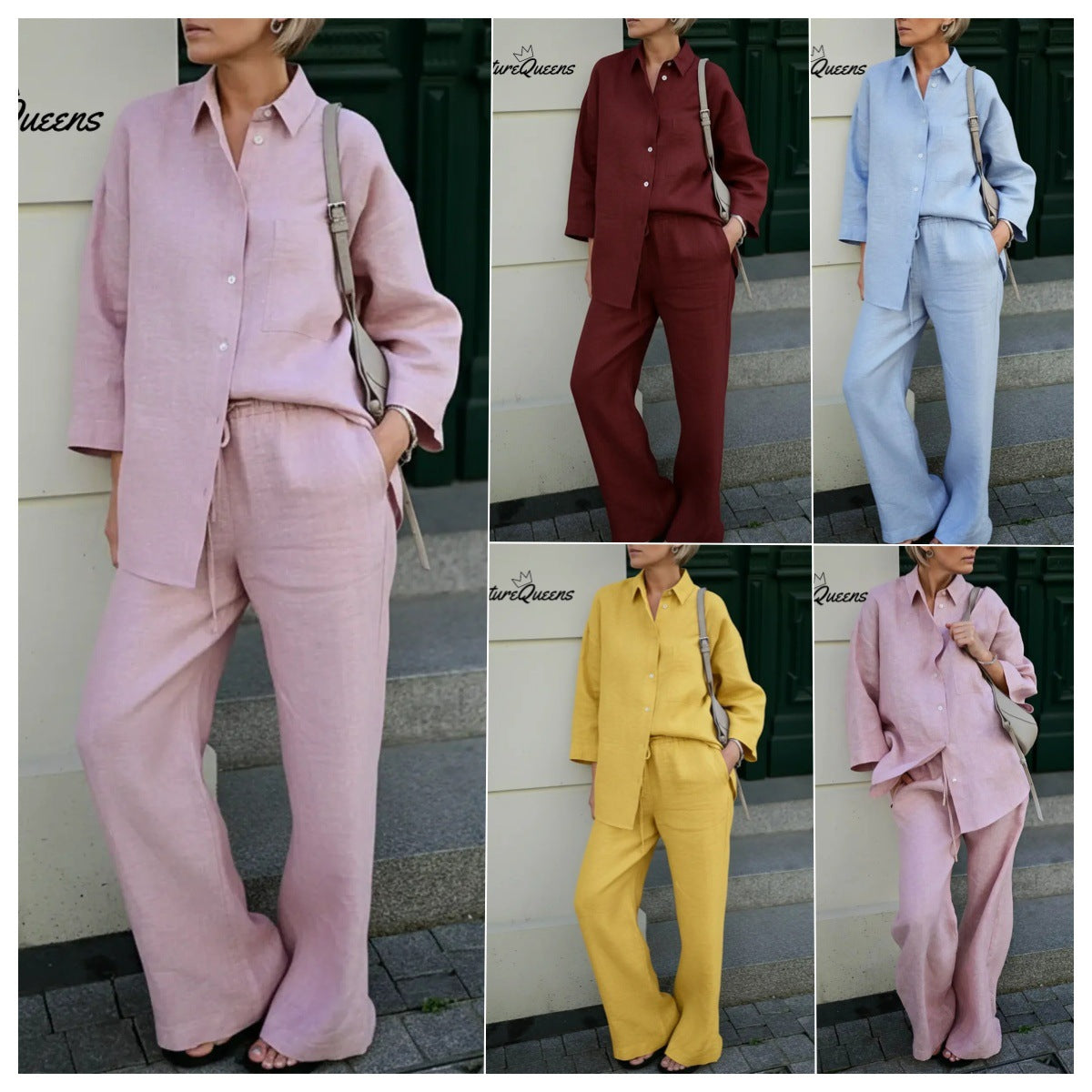 Womens Casual Solid-Color Shirt-and-Loose-Pants Set