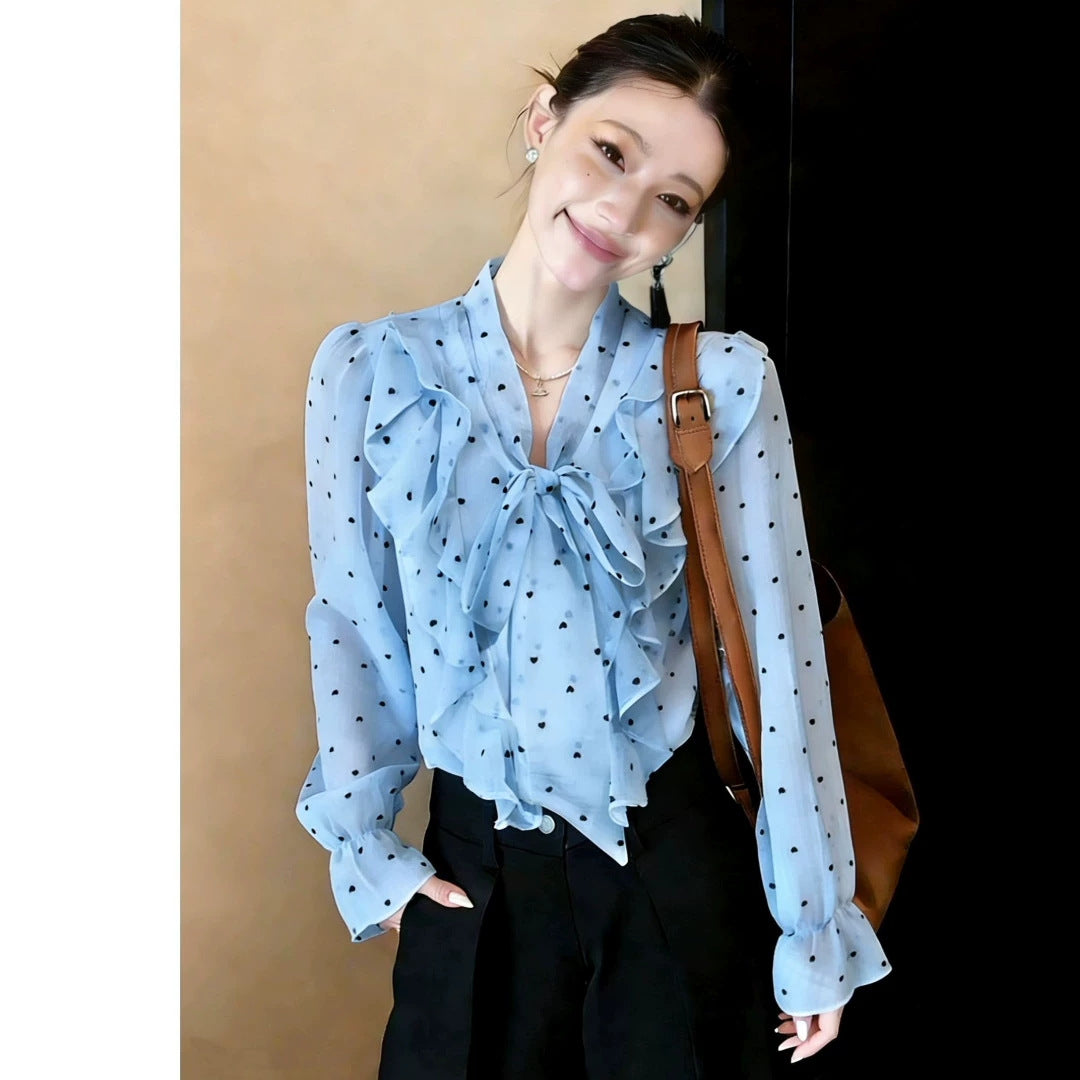 Polka-Dot Ruffle-Bow Chiffon Shirt