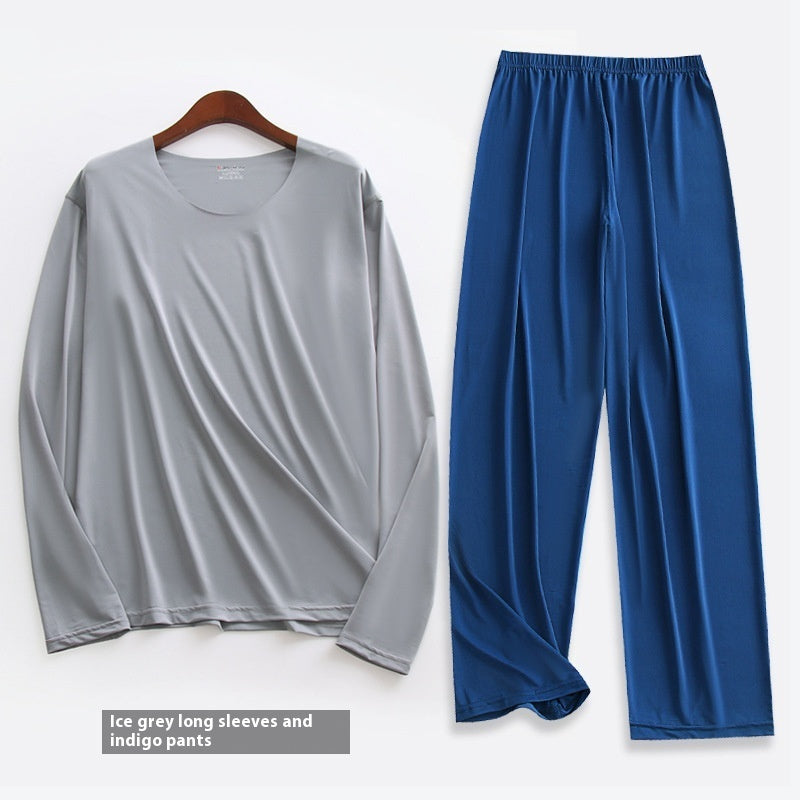 Spring Summer Ultra-thin Men's Long-sleeved Cropped Trousers Pajamas Suit