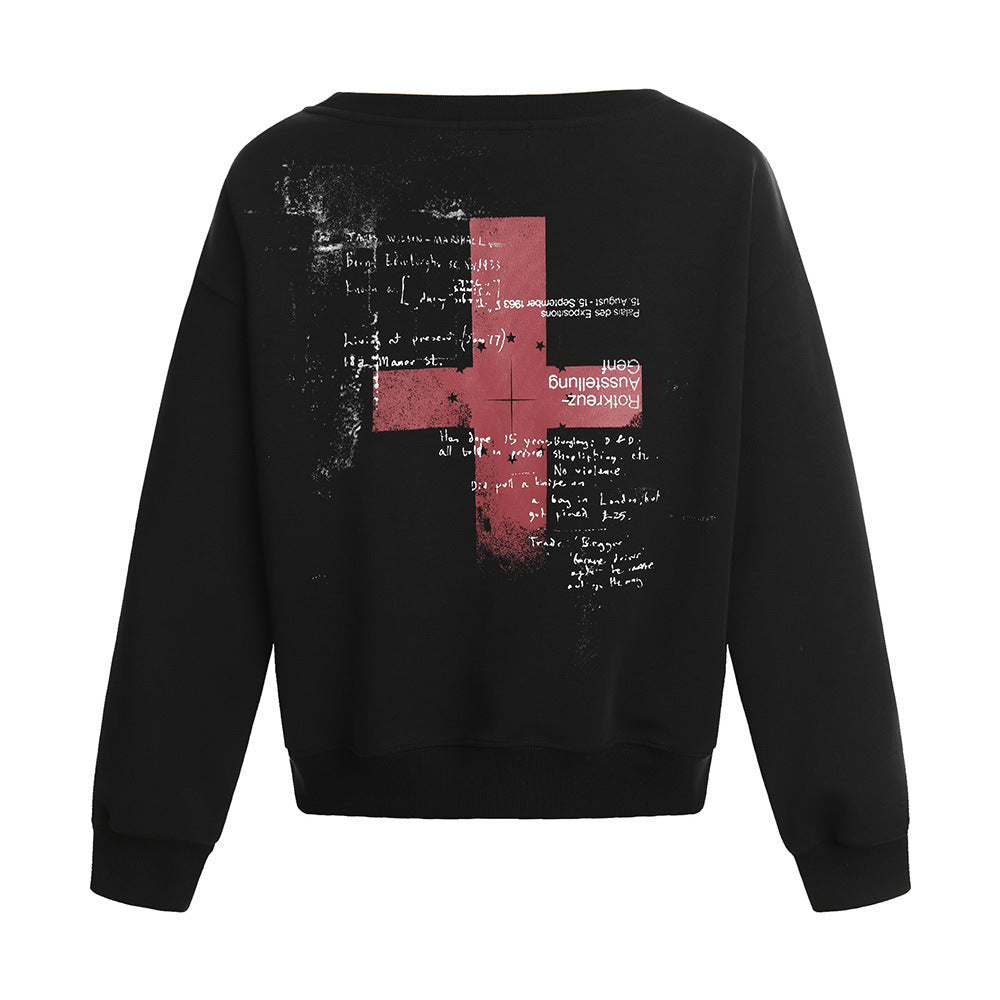 Sweat à capuche col rond à imprimé croix, manches longues, ample, streetwear décontracté