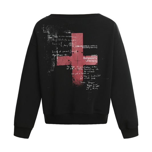 Cross-shaped Print Round Neck Long Sleeve Hoodie Loose Streetwear Casual