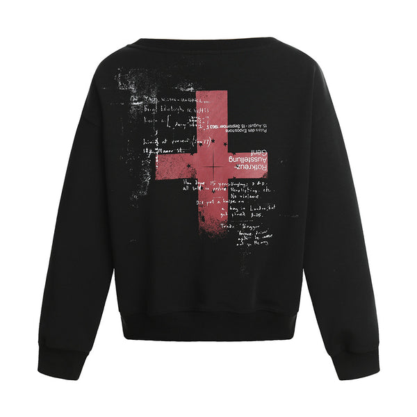 Cross-shaped Print Round Neck Long Sleeve Hoodie Loose Streetwear Casual