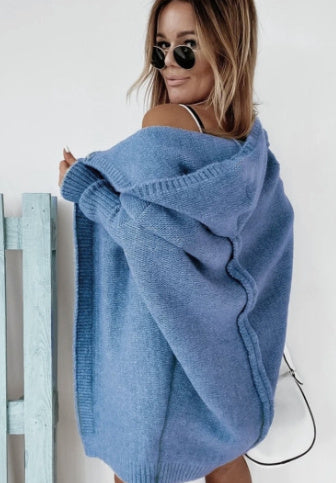 Women's Hooded Cardigan - Loose Knit Batwing Sleeve Sweater