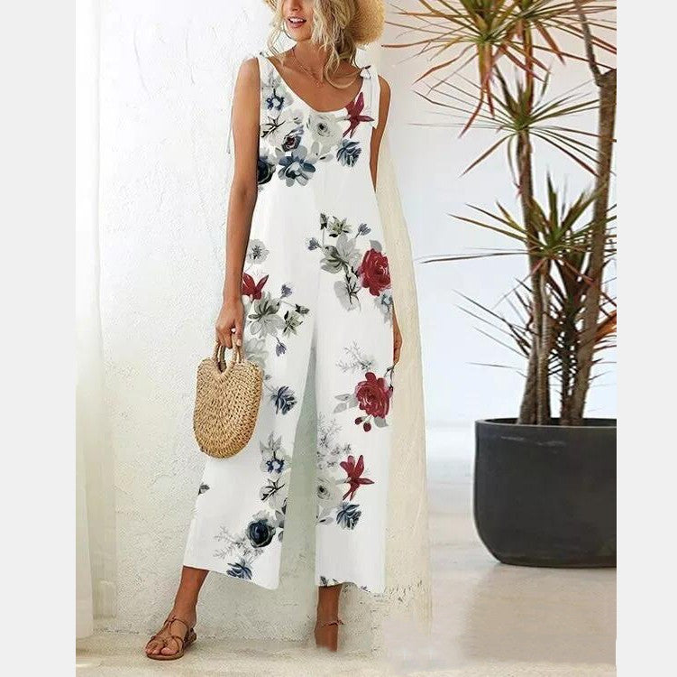 Floral Print Chic Casual Knit Suspender Jumpsuit