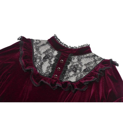 Robe Gothique en Velours Bordeaux à Col en Dentelle Ophelia Dark in Love