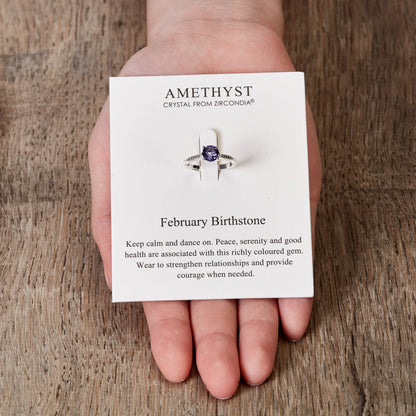 February (Amethyst) Adjustable Birthstone Ring Created with Zircondia® Crystals
