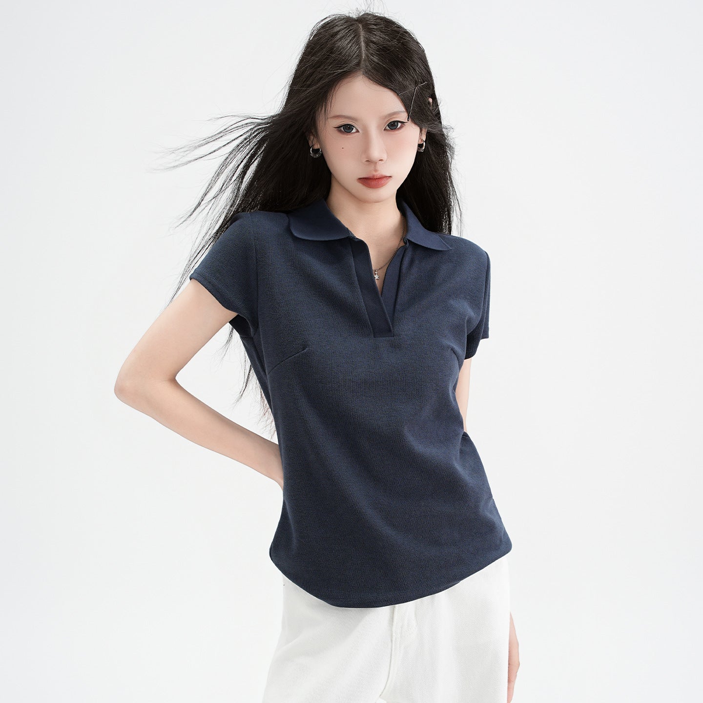 Polo Collar Straight Shoulder Short Sleeve T-Shirt for Women
