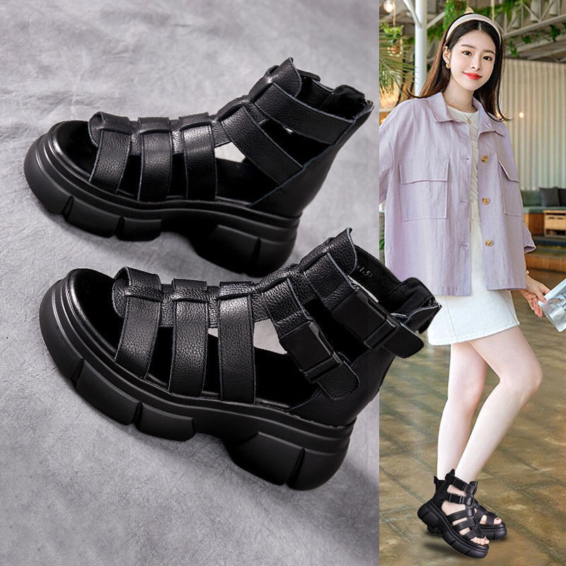 Sandales Rétro Élégantes à Plateforme Évidée en Cuir pour Femmes