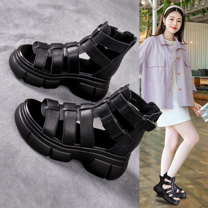 Sandales Rétro Élégantes à Plateforme Évidée en Cuir pour Femmes