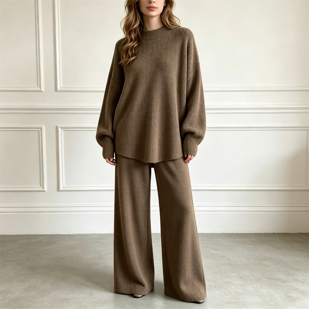 Loose solid color pullover sweater set