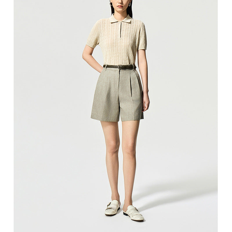 Vintage Preppy Style Polo Neck Linen Knit Short Sleeve
