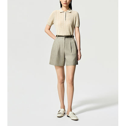 Vintage Preppy Style Polo Neck Linen Knit Short Sleeve