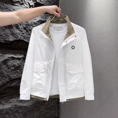 Color-Block Double Layer Stand Collar Short Jacket