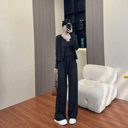 Wide-Leg Pants with Cardigan Jacket, 3-Piece Women's Outfit