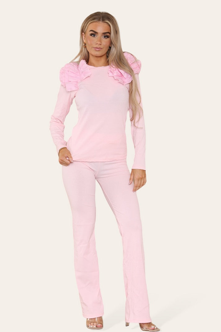 Ruffle Frill Shoulder Ribbed Loungewear Set