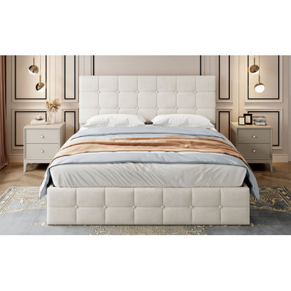 4ft6 Double Upholstered Storage Bed Frame, Velvet Ottoman Bed With Hydraulic Storage, Double Bed With Adjustable Button Tufted Headboard, Metal-Wood Support, No Mattress, Beige