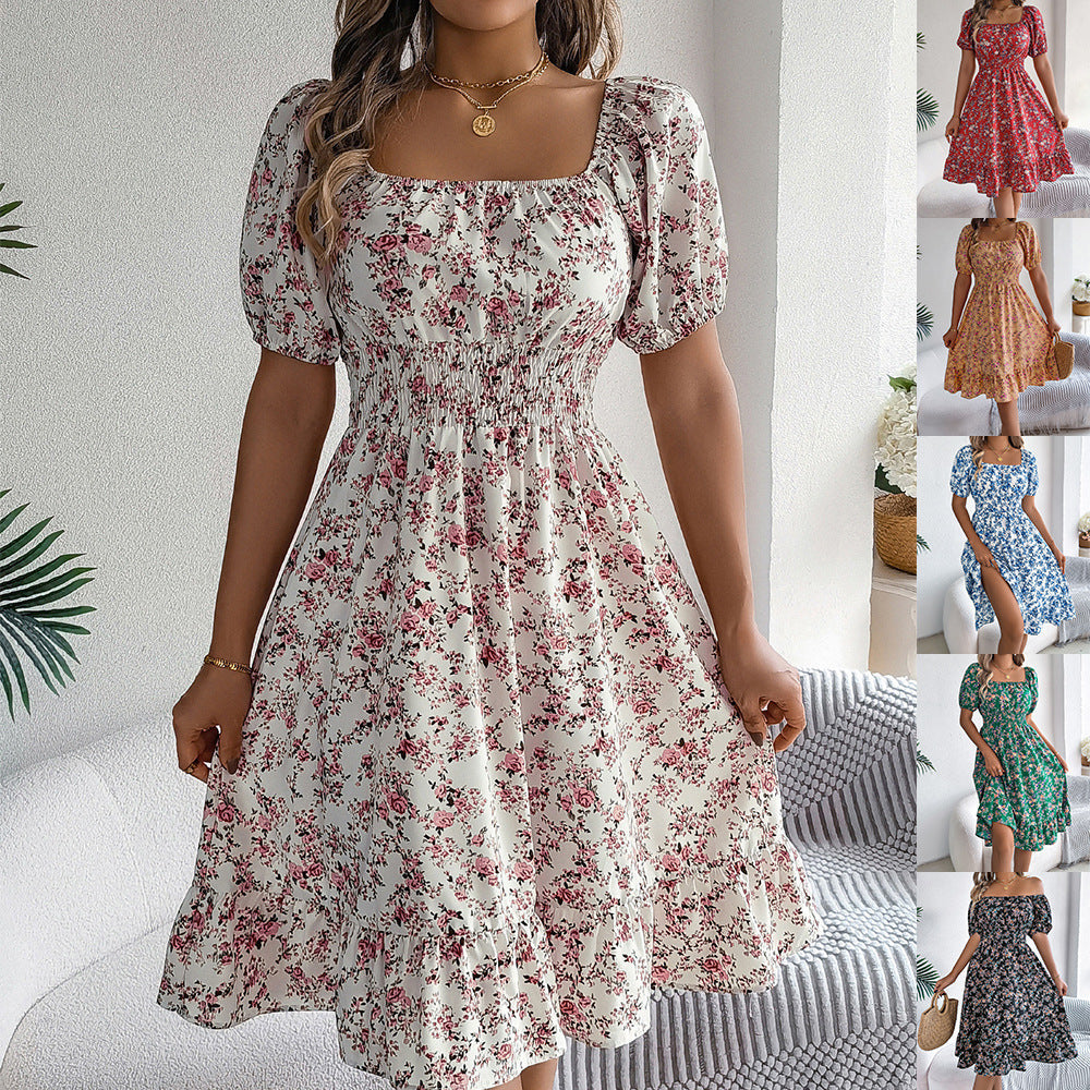Robe à Imprimé Floral Col Carré Robes d'Été à Volants Mode Vêtements Féminins