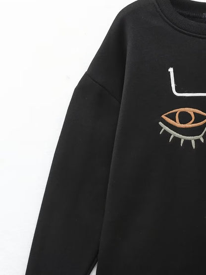Zevity Women Fashion Abstract Pattern Embroidery Casual Fleece Sweatshirts Female Long Sleeve Hoodies Chic Pullovers Tops H3090