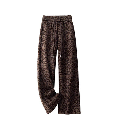 Womens Fleece-Lined Thickened Warm Leopard-Print Drawstring Wide-Leg Pants