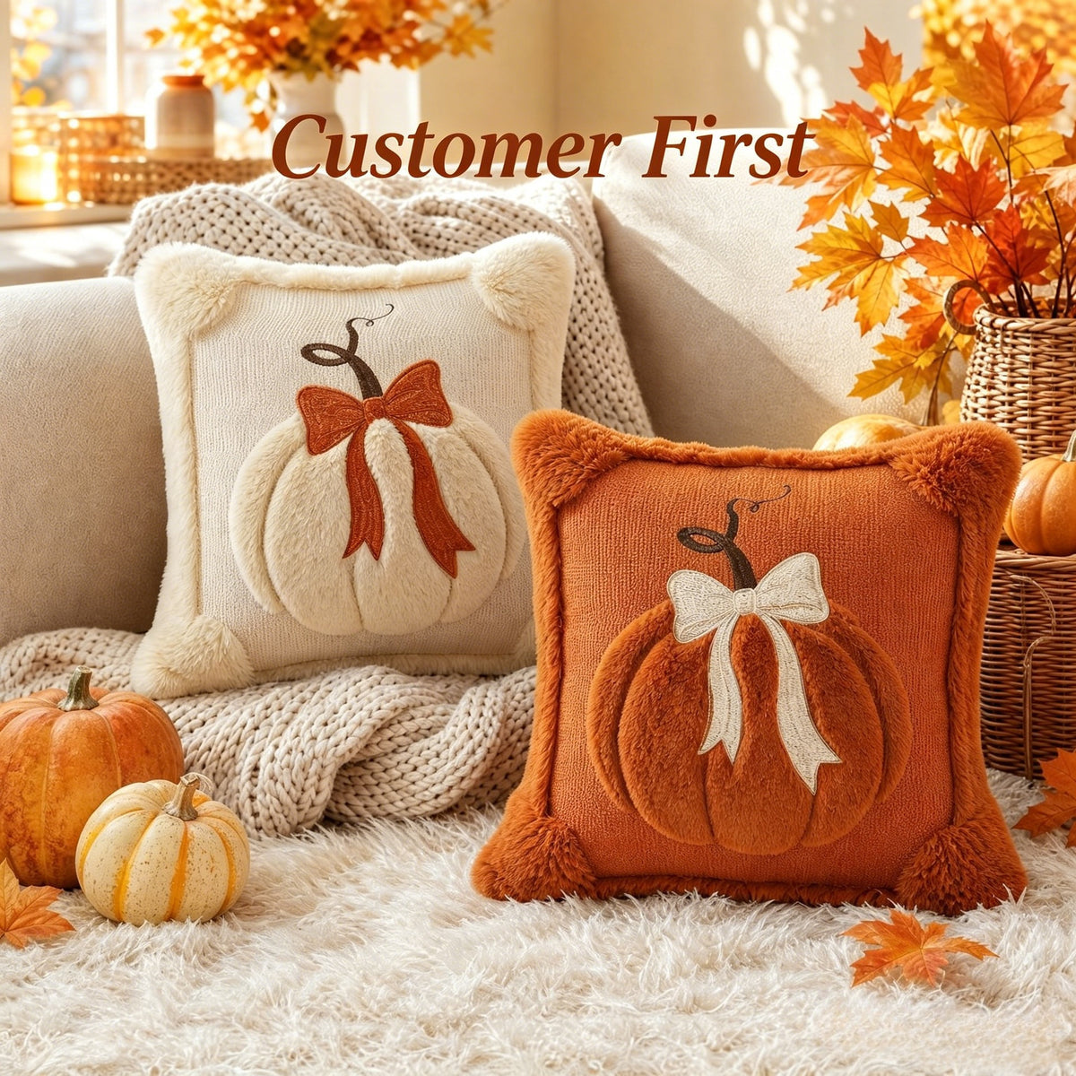 Plush Pumpkin Bow Pillows