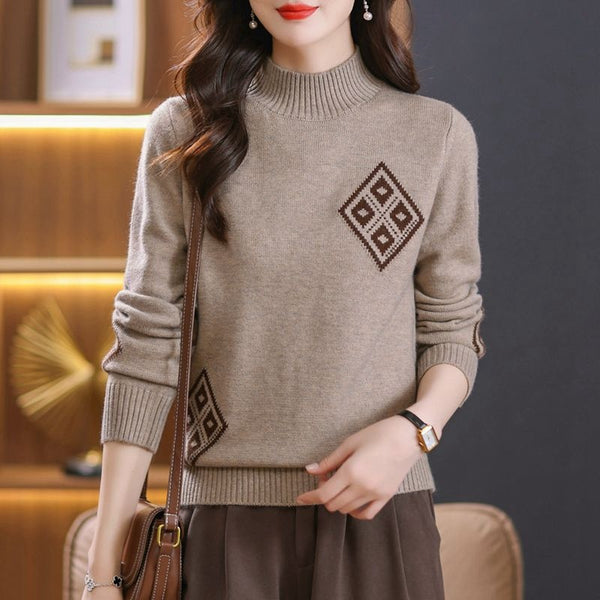 Womens Mock Neck Sweater Top Plaid Colorblock Knitted - Stuffs & Savers