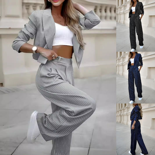 Striped Lapel Cropped Top Pants